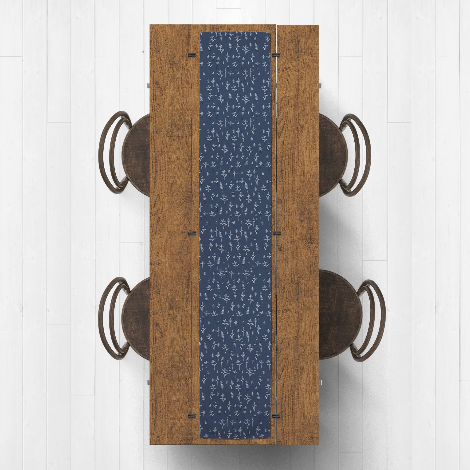 90" Navy Blue Botanical Pattern Cotton Twill Table Runner